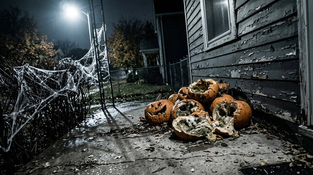 Eerie night scene featuring smashed jack-o-lanterns on a porch with cobwebs and streetlights for Halloween