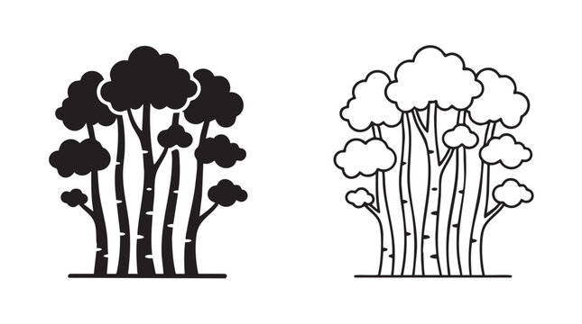 aspen trees grove vector icon set, black and white