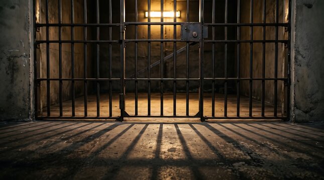 Dark prison cell with iron bars and dramatic shadows on the concrete floor