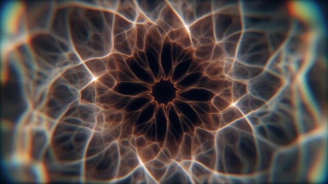 Abstract glowing translucent orb resembling an iris, futuristic energy sphere transforming into fractal mandala pattern on dark background