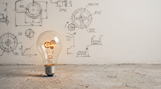 Glowing light bulb with mechanical gear sketches on background for engineering innovation