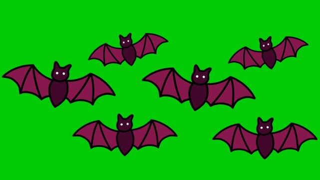 Animated group of purple cartoon bats flapping wings and flying together, keyable motion graphic over an isolated chroma key green screen background.