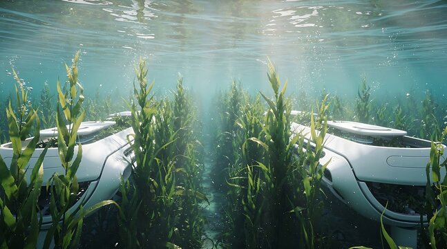 Futuristic robotic submersibles cultivating seaweed in an underwater aquaculture farm.