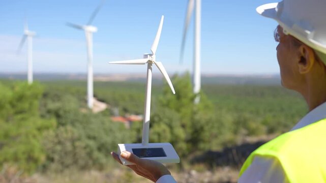 Woman engineer holding a miniature wind turbine model in front of a field of wind generators