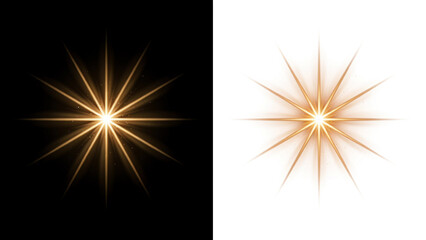 Fototapeta premium Golden starburst light effect with radiant beams on a white background isolated