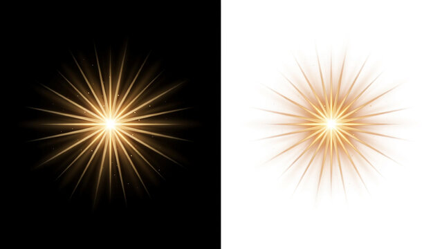 Golden starburst light effect with radiant rays and glowing particles on split background