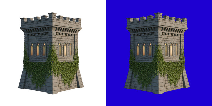 Old stone castle tower with green ivy growing on its walls transparent png