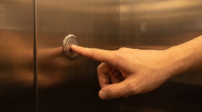 Hospital Power Outage Preparedness concept. Hand pressing an elevator button on metallic panel close-up.