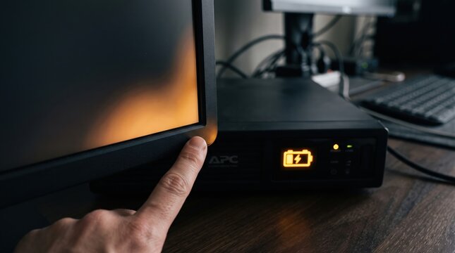 Hospital Power Outage Preparedness concept. Finger touching a computer monitor near an APC uninterruptible power supply unit.