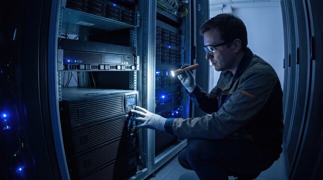 Hospital Power Outage Preparedness concept. Man working with server hardware in a data center or network room.