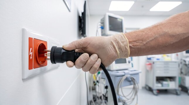 Hospital Power Outage Preparedness concept. Hand in glove plugging a power cable into a wall socket in a medical room.