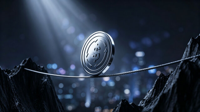 Silver dollar coin balancing on a tightrope over a mountain abyss