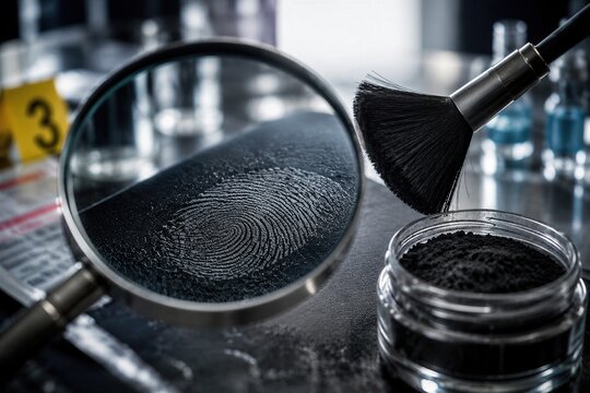 Forensic Fingerprint Analysis With Magnifying Glass and Powder in Crime Laboratory Scene