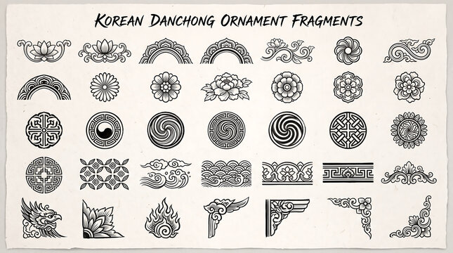 Monochrome Korean Brush Style Traditional Dancheong Architectural Ornament Set