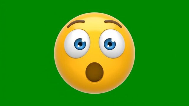 3d animated surprised emoji face changing expression on green screen chroma key background
