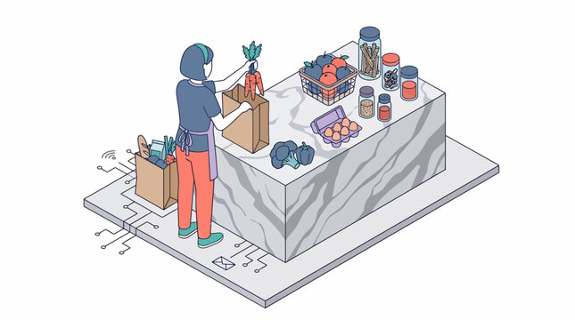 woman unpacking fresh groceries on kitchen counter with tech floor for smart home healthy lifestyle living