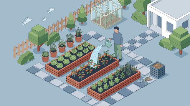 Man watering plants in urban backyard vegetable garden with raised beds and small greenhouse isometric