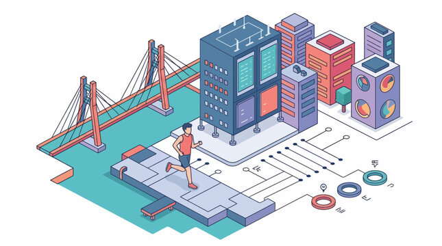 Smart City Jogging Man Isometric Vector Tech Urban Fitness Health Runner Bridge Building Modern Sport