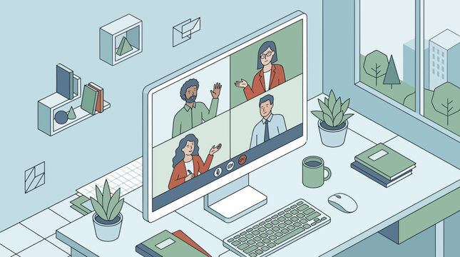 Virtual team meeting online video conference business remote work home office desktop computer web communication