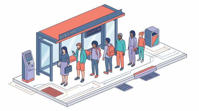 People Waiting For City Bus At Station Isometric Vector Illustration Transport Commute Daily Urban Public Travel