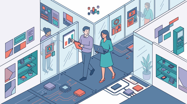 Business people walking through digital office with data screens and technology circuit patterns in isometric