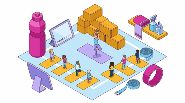Yoga Class Online Fitness Training Exercise Health Wellness Instructor Student Group Workout Meditation Isometric Vector