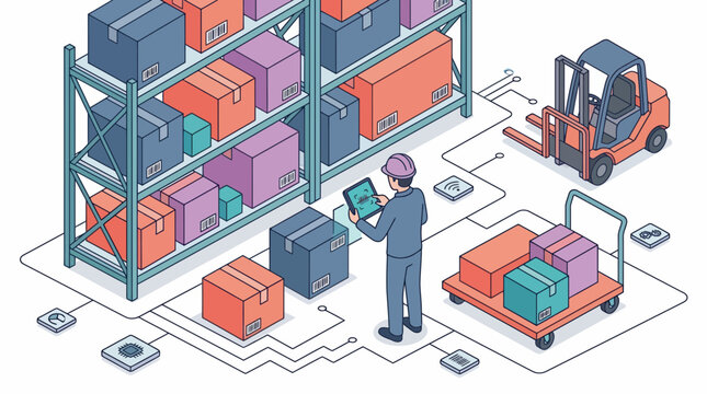 Warehouse worker using tablet for smart inventory management with forklift and storage racking system boxes