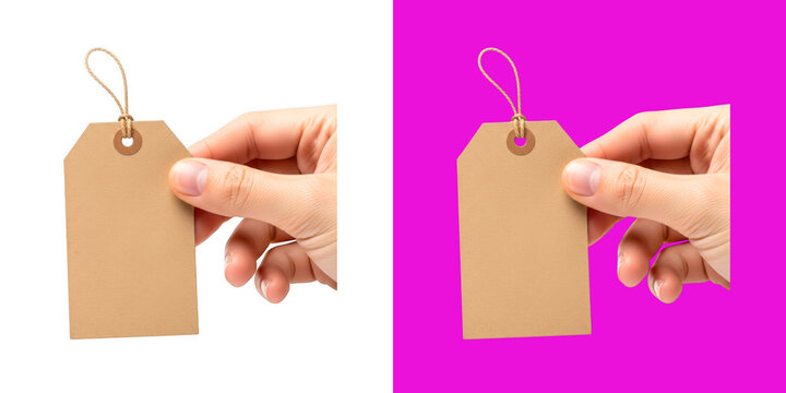 Hand holding a blank cardboard price tag with brown twine string loop transparent png