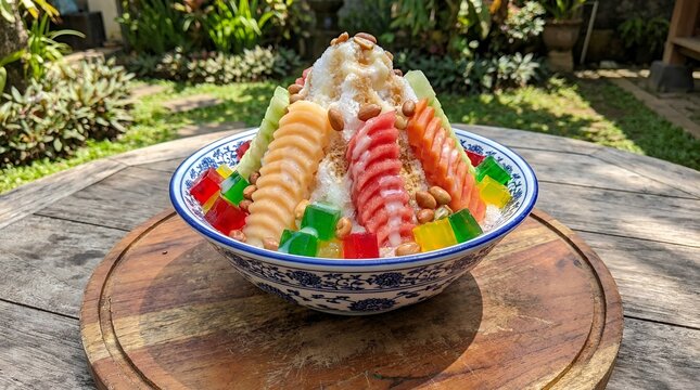 Shaved ice dessert with tropical fruit and jelly.