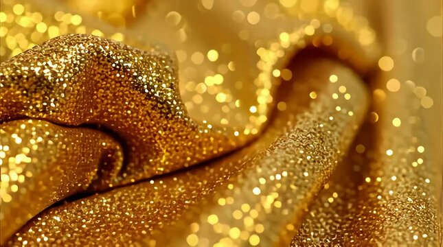 Luxurious golden fabric texture with shimmering sequins and bokeh lights creates a rich opulent background perfect for luxury branding fashion design or elegant event invitations