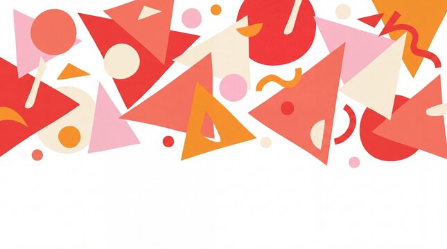 Vibrant geometric shapes with overlapping triangles and circles in gradient pink, orange, and white tones against a clean background.