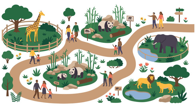 Zoo map with animals and visiting families landscape.