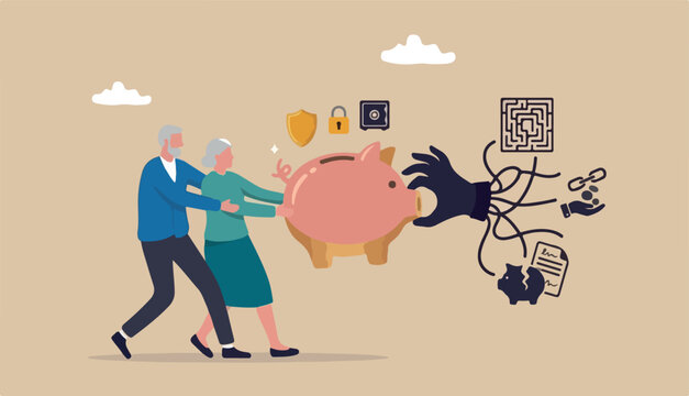 Protect retirement pension money from fraud, ponzi scheme cost and tax that impact retiree investment fund concept, senior grandparent couple pull back their piggy bank money from thief hand