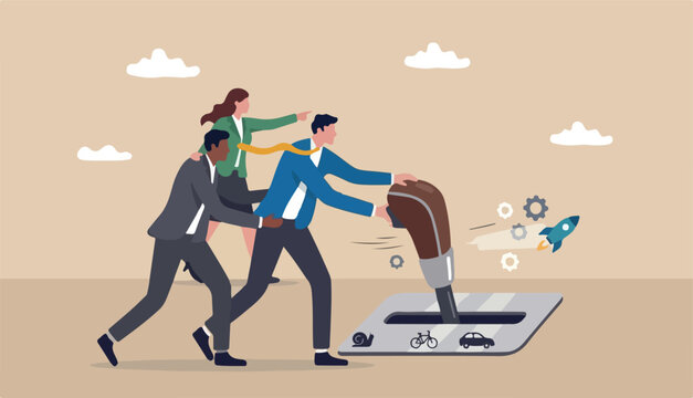 Paradigm shift to technology new business level, control shifting speed company growth, transformation and disruption concept, businessman team shifting transmission knob faster new level