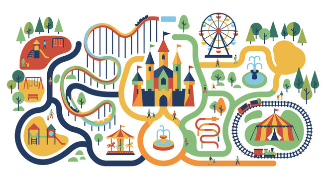 Amusement park map with various rides and attractions illustration.