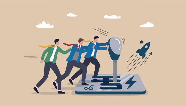 Paradigm shift technology new business level, control shifting speed company growth, transformation and disruption concept, businessman team shifting transmission knob faster new level 