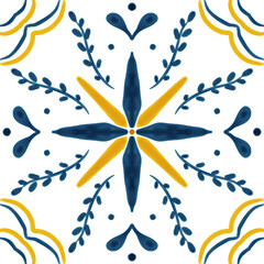 Ornate blue and yellow floral tile pattern © nabilahcholila