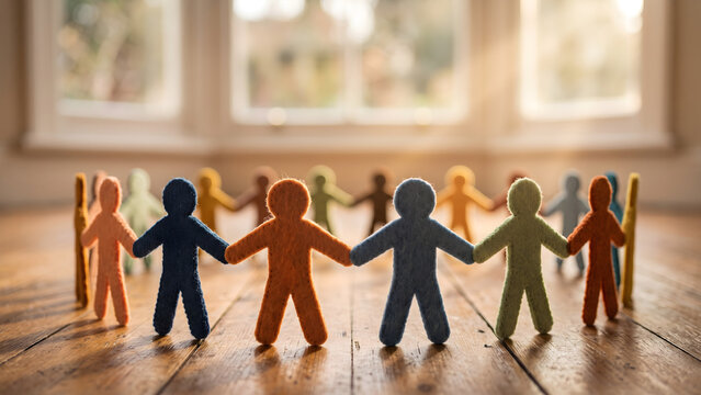 Colorful paper cutouts of people holding hands in a circle symbolizing unity and community support