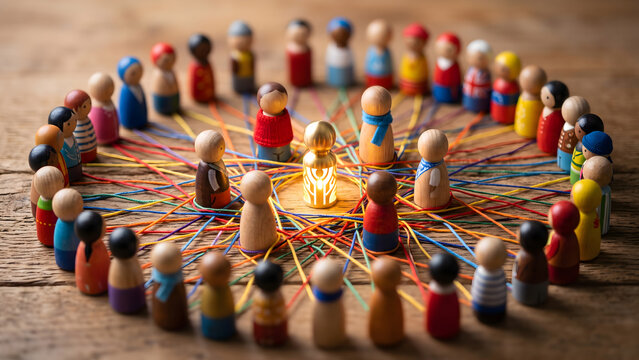 Diverse Wooden Peg Dolls Connected by Colorful Strings in Circle