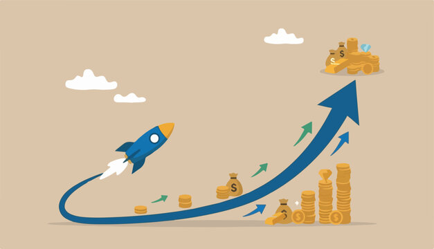 Exponential growth or compound interest, investment, wealth or earning rising up graph, business sales or profit increase concept, financial report graph with exponential arrow from flying rocket 