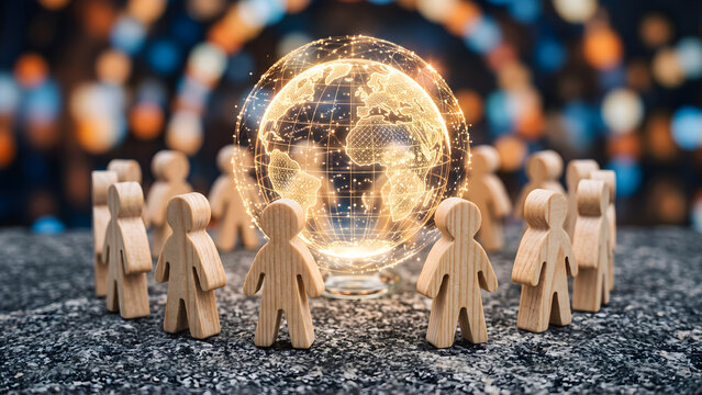 Collaborative Global Networking Concept with Wooden People Figures and Glowing Earth