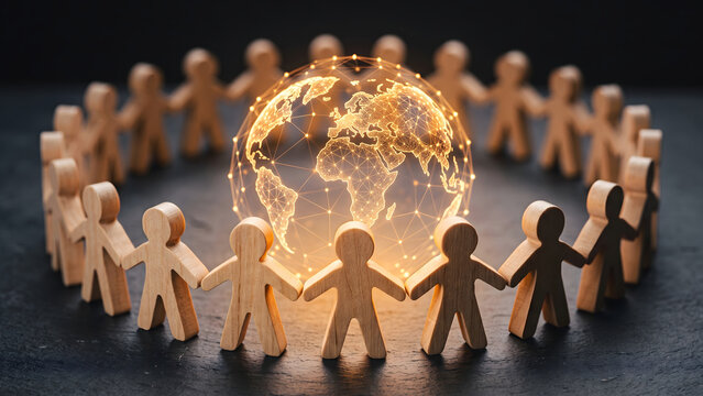 Global unity and connection symbolized by people holding hands around the earth