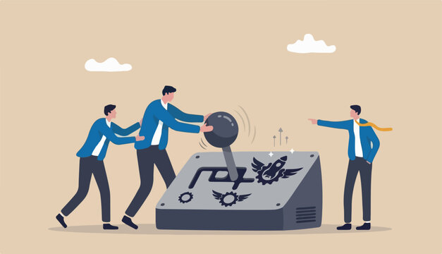 Paradigm shift technology new business level, control shifting speed company to growth, transformation and disruption concept, businessman team shifting transmission knob faster new level 