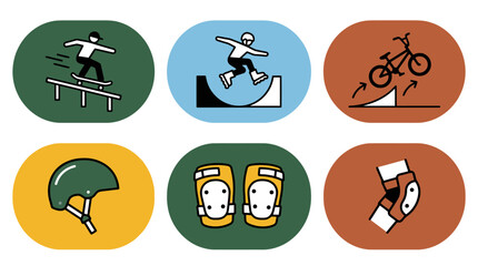 Fototapeta premium Vector Extreme sports icons set featuring skateboarder bmx bike rollerblader and safety protective gear helmet pads. EPS Editable