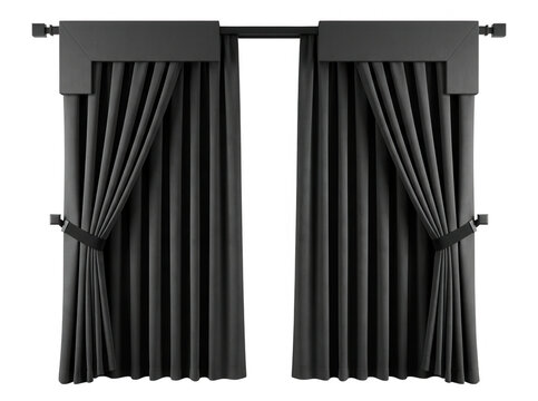 Eleganti tende oscuranti di colore grigio scuro con mantovana moderna e fermatende, montate su un bastone per tende nero, isolate su sfondo bianco per design d'interni e progetti di arredamento casa.