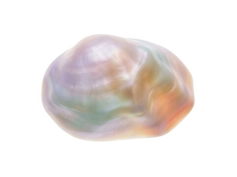 Una perla barocca naturale di forma irregolare con una superficie iridescente e sfumature madreperlacee, isolata su uno sfondo bianco puro per un design elegante e minimalista.