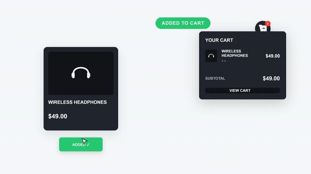 Clean e-commerce UI overlay showing a product being added to a shopping cart, followed by a dynamic cart popup, quantity notification and checkout interface. Seamless loop and social media ready.