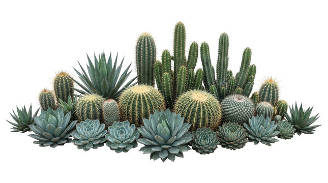 Una composizione decorativa di vari cactus e piante succulente di diverse forme e dimensioni, disposti armoniosamente su uno sfondo bianco isolato, ideale per progetti di design botanico e