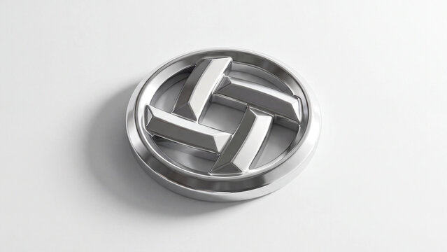 A shiny metallic circular emblem with a geometric pattern isolated on a plain white background