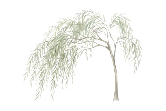 Elegante illustrazione ad acquerello di un albero di salice piangente con rami sinuosi e foglie verde chiaro, isolato su uno sfondo bianco pulito.